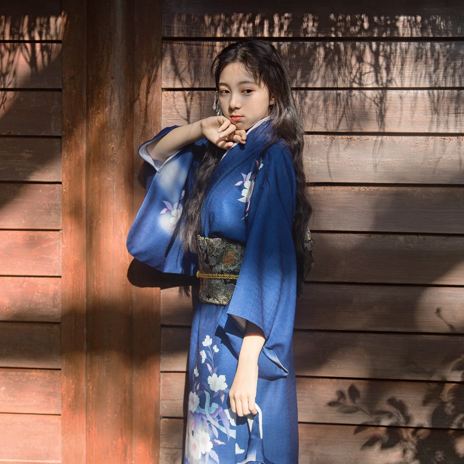 

Women Japanese Traditional Kimono Vintage Style Blue Long Dress Modified Floral Prints Yukata Cosplay Costume Performing Dress