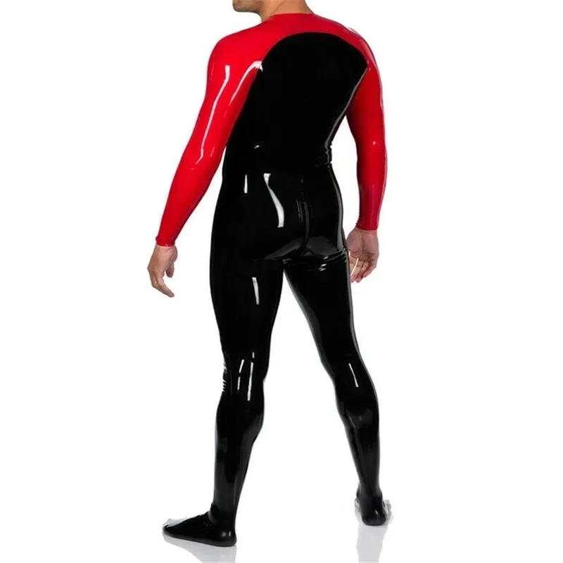 Handmade Latex Catsuit with Front Crotch Zipper Socks Black with Red Bodysuit for Men