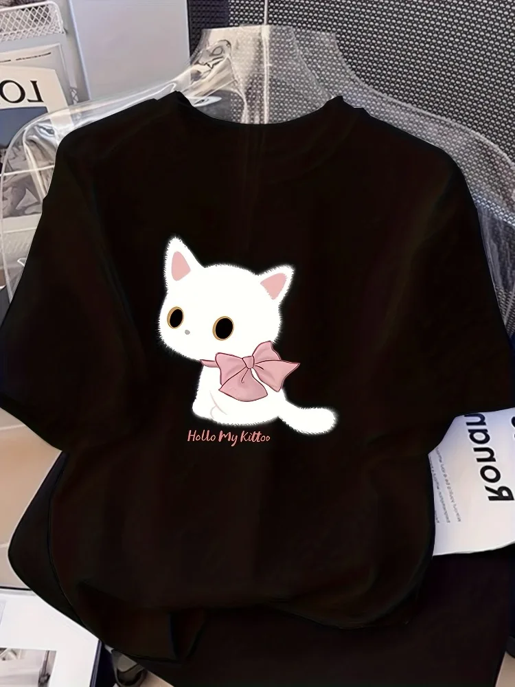 

Womens Y2K Retro Print T-Shirt Cute Black Cat Design Short Sleeve Loose-Fit Casual Summer Top Essential for Anime and Cat Lovers
