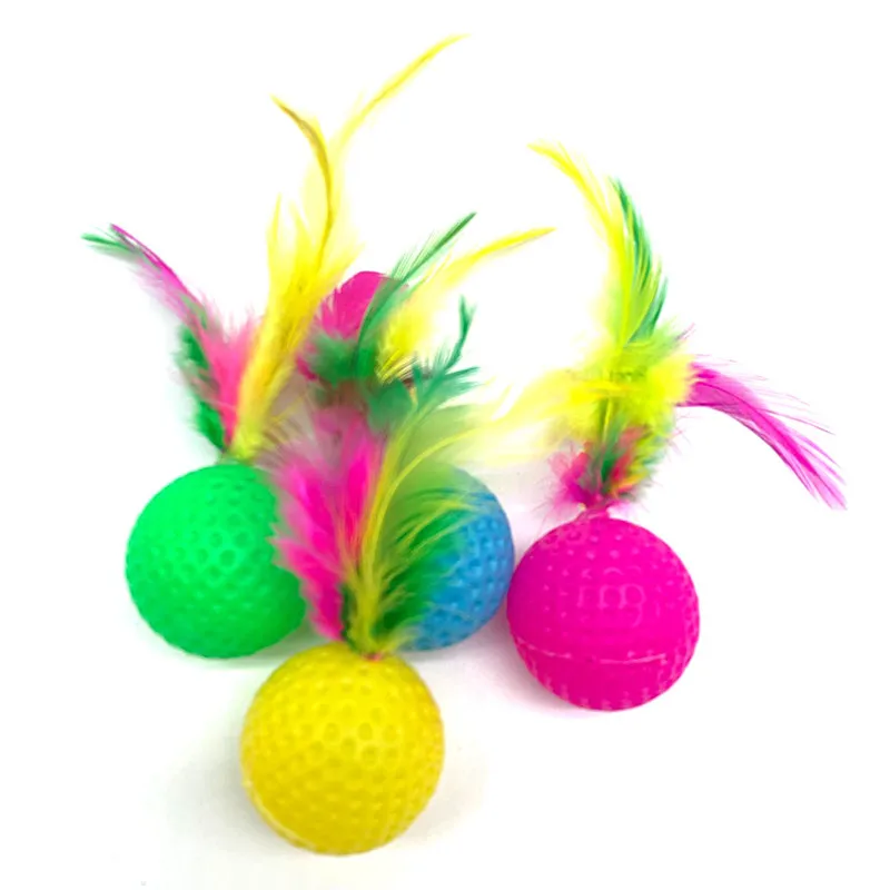 Pelota de Golf de plástico con plumas para gato, juguete interactivo, suministros para mascotas, 10 unidades