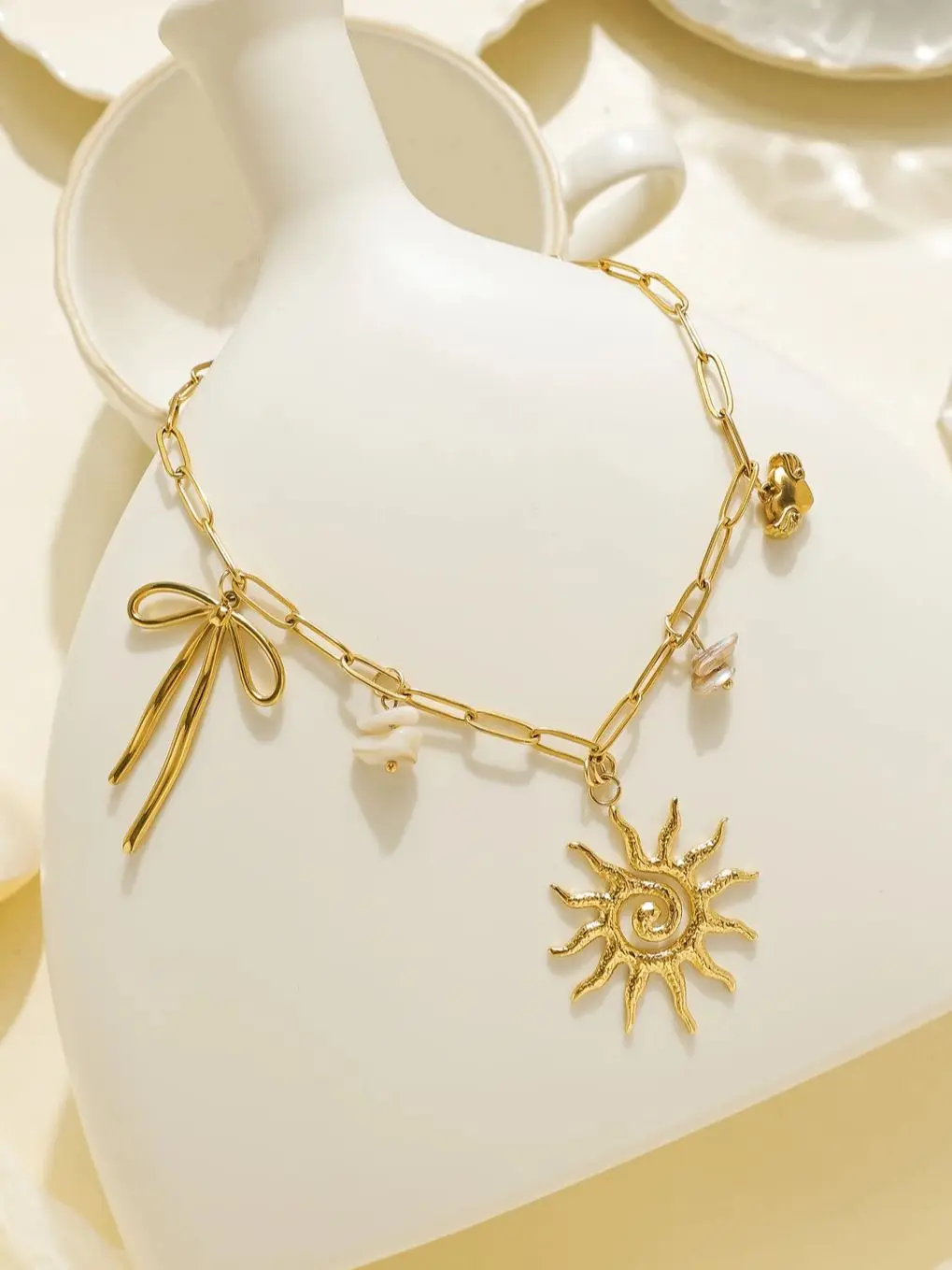 

Popular retro sun bow natural stone love pendant necklace fashion creative stainless steel chain necklace wedding bridal jewelry