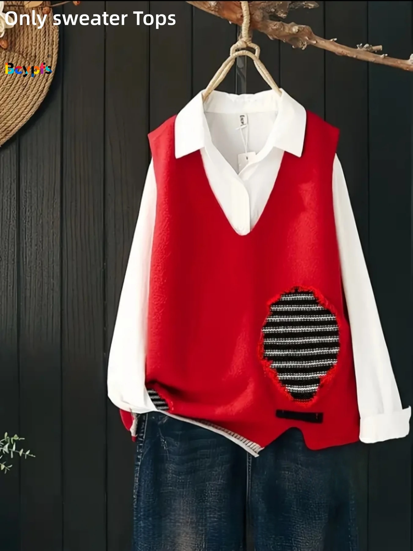 2026 neue frauen Gefälschte Zwei-Stück Rot V-ausschnitt Pullover Weste Gestreiften Patch Lose Casual Street Style Gestrickte Täglichen büro Tops