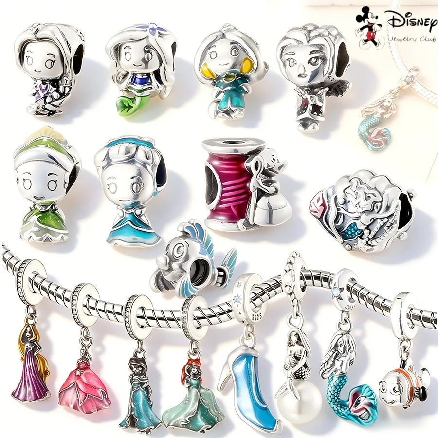 Abalorios de Plata 925 de las Princesas Disney, Ariel y Cenicienta, Compatibles con Pulseras Europeas, Regalos de Joyería DIY para Mujer