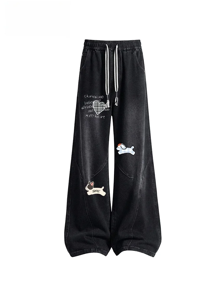 Calças Jeans Americanas Retro com Estampa de Desenho Animado Charles Heart para Homens e Mulheres, Soltas e Casuais, de Perna...