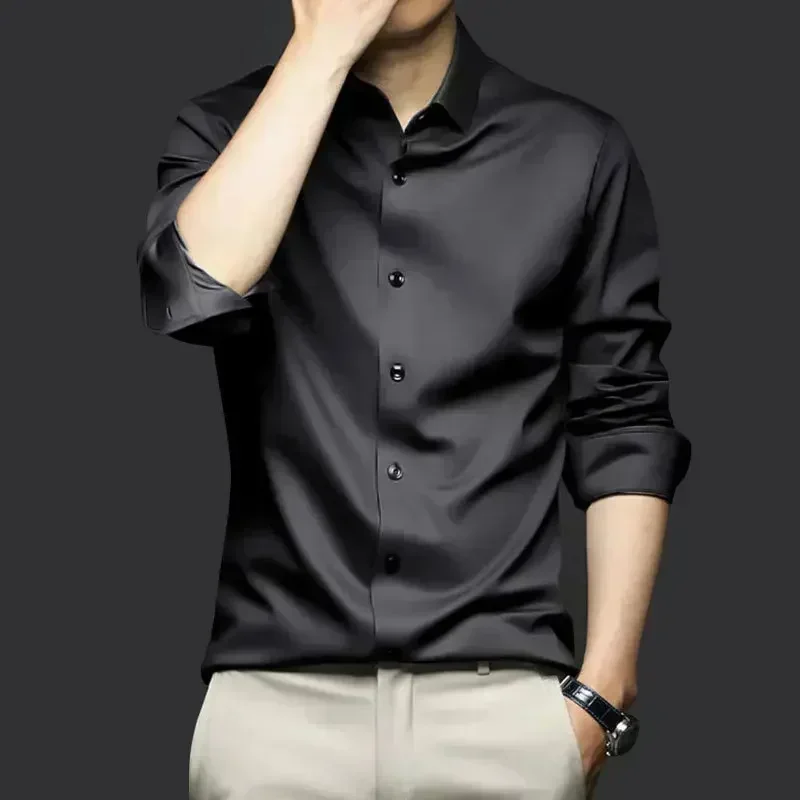 Camisa branca masculina de manga longa sem ferro vestido de negócios fino ajuste versão coreana trabalho profissional branco casual terno masculino camisa