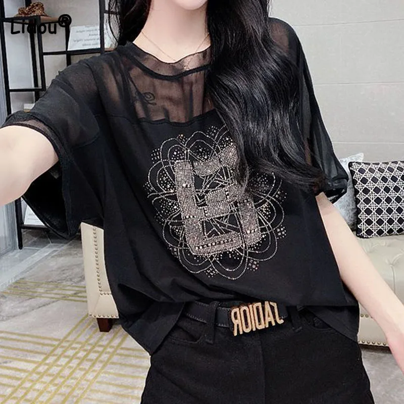 Fashion Korean Female Mesh Spliced Round Neck Casual T-shirt Summer Women's Clothing Loose All-match Solid Color Diamonds Tops