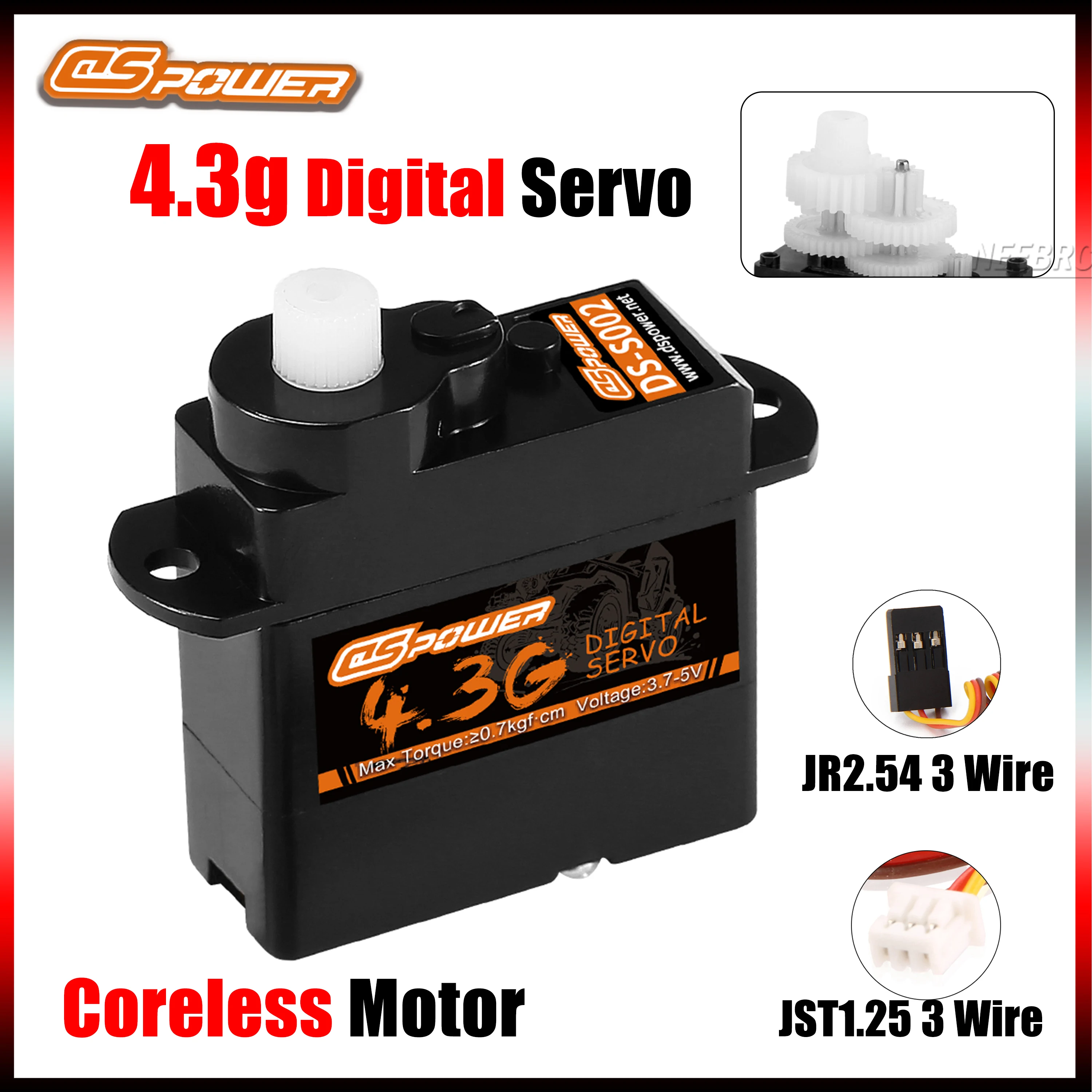 DSPOWER 4.3G 코어리스 모터 플라스틱/금속/알루미늄 기어 마이크로 디지털 JST1.25/JR2.54 RC 1/24 자동차 비행기 고정익 드론용