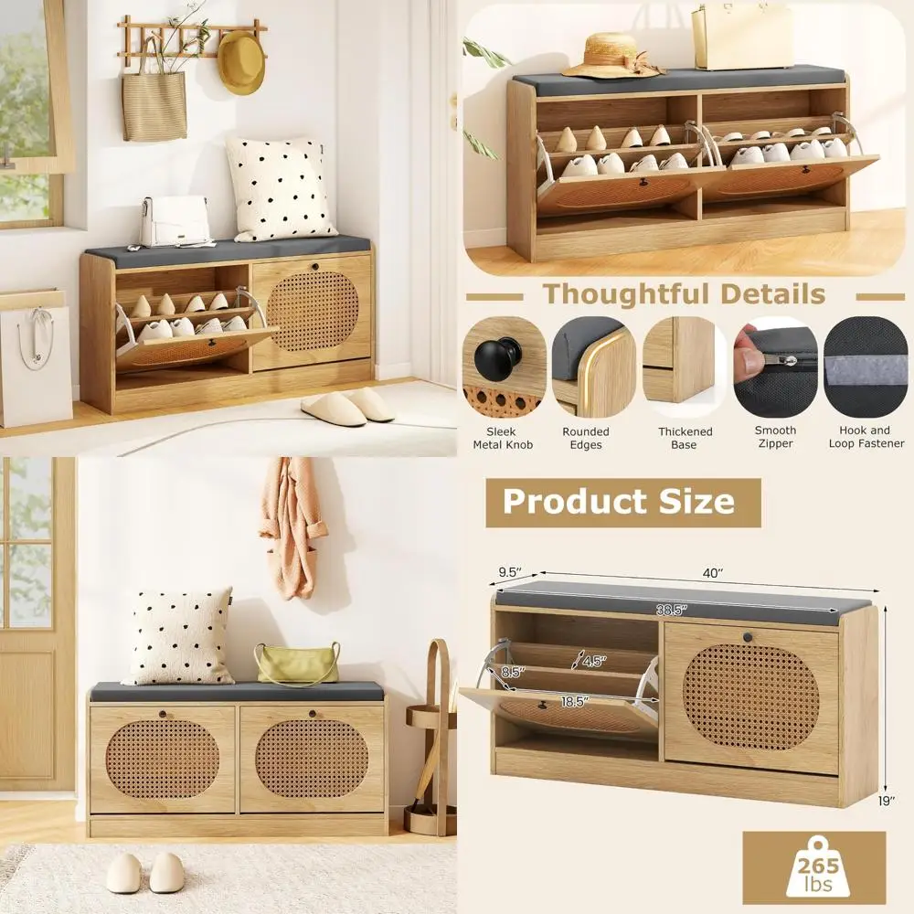 

Скамейка для хранения обуви из ротанга с подушкой, мебель для прихожей с откидными ящиками и регулируемыми полками, обувь в богемном стиле или