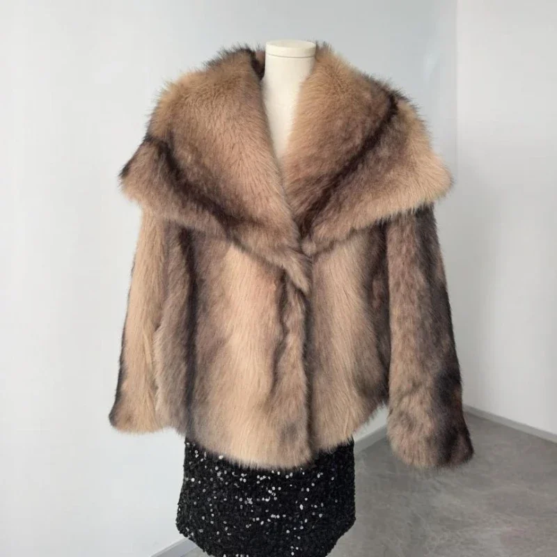 Abrigo de piel degradado a la moda para mujer, abrigo de piel sintética Maomao de manga larga con solapa, chaquetas cálidas para invierno para mujer