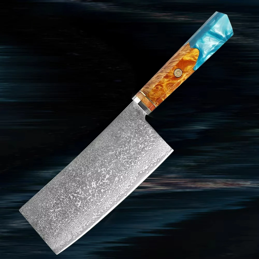 Asian Cleaver Knife Damascus Steel Kitchen Knife Blue Resin & Wooden Handle Professional Chopping Meat Vegetable Knife Sharpness