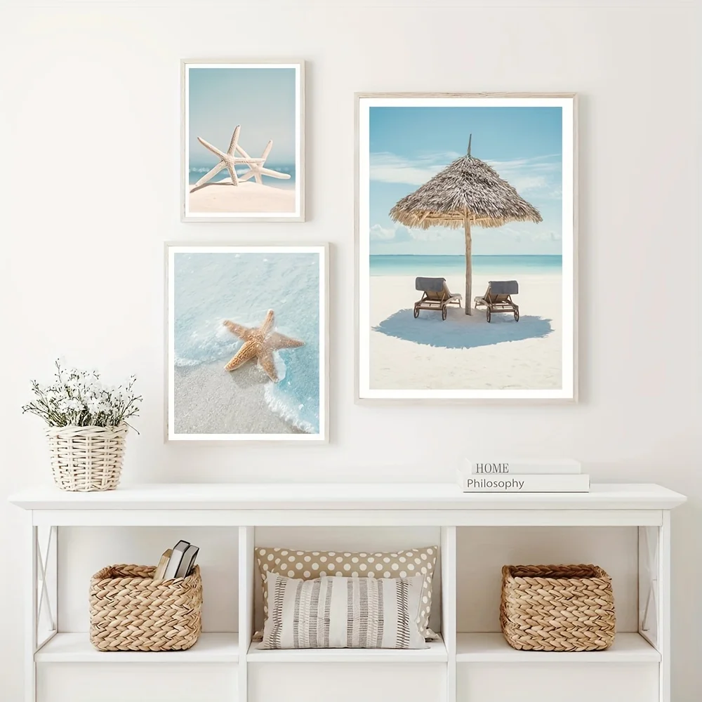 3pcs/set Blue Sea Beach Starfish Landscape Canvas Painting Scenery Poster for Living Room Decoration and Home Decor No Frame