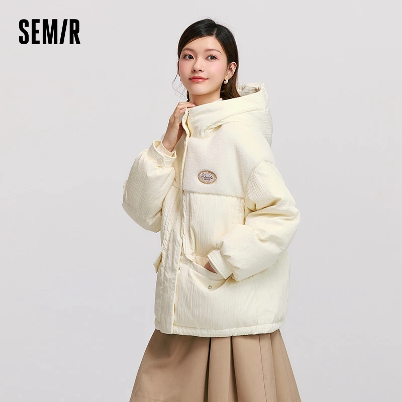 Semir Down Jacket Women Loose Spliced Imitation Lamb Wool Top Personality Winter Hooded Texture White Coat