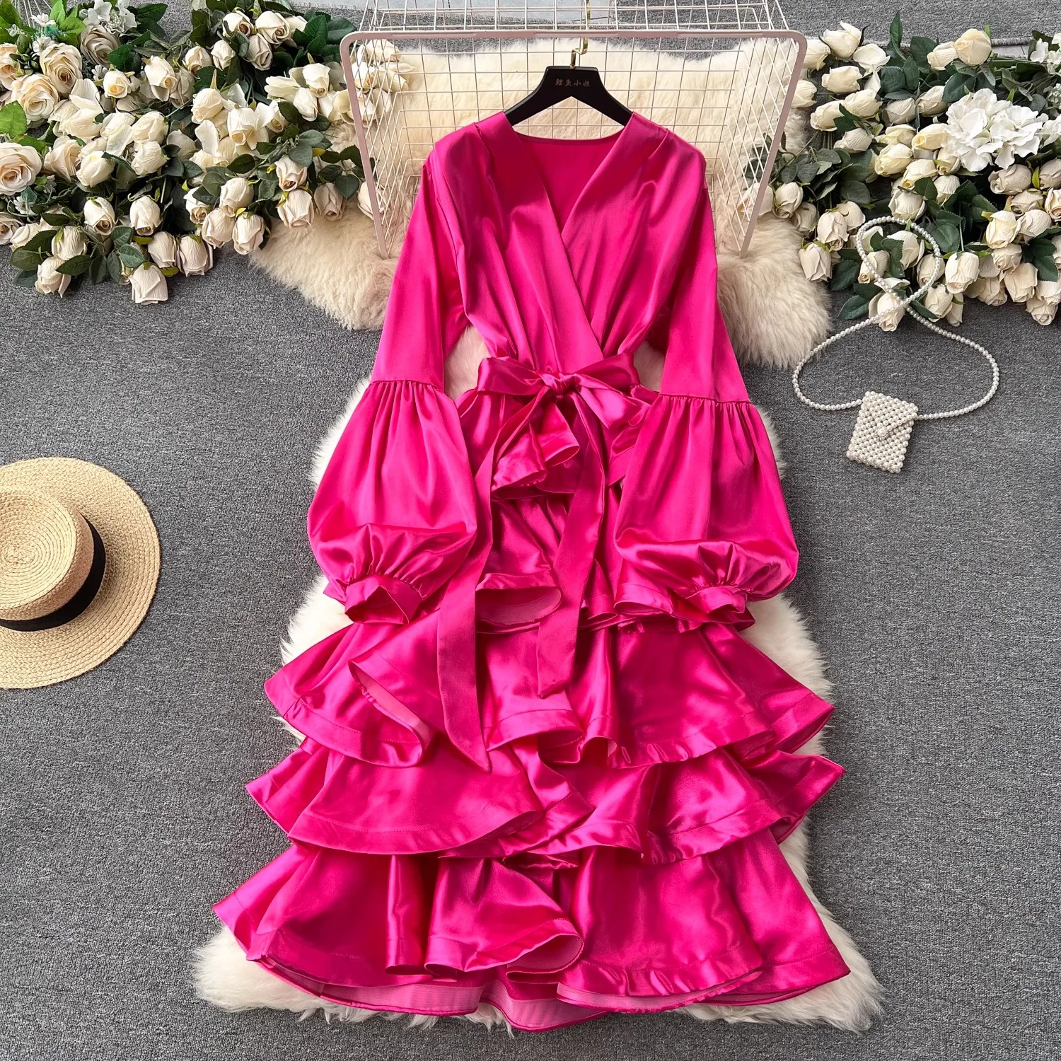 

Luxury Fashion Trendy Women Spring Summer V Neck Lace Up Bow Lantern Long Sleeve Bandage Flouncing Evening Party Dresses