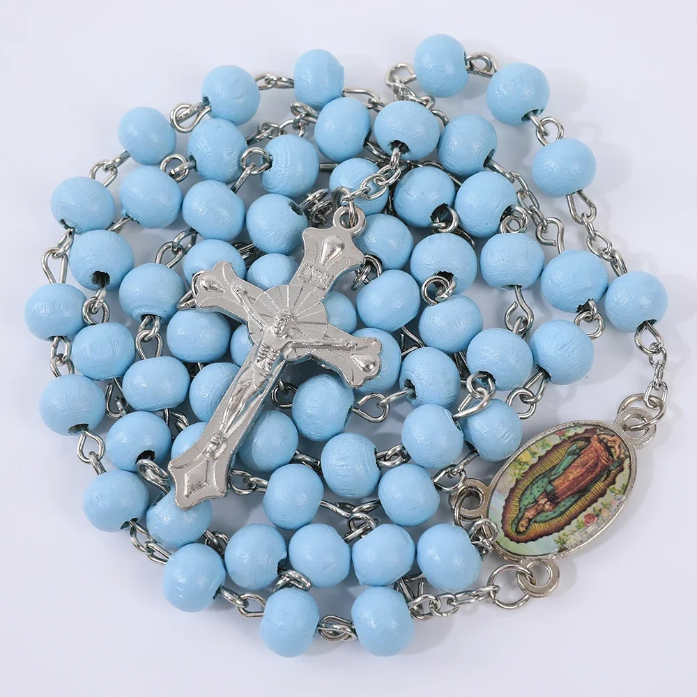 Blue Rosary Necklace For Women Men 6MM Wooden Prayer Beads Long Chain Religious Virgin Mary Cross Pendant Men Party Jewelry Gift