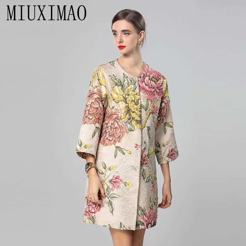 

MIUXIMAO 2025 осенне-зимнее пальто, элегантная куртка, тонкое пальто с бриллиантами, однобортное однобортное пальто с круглым вырезом и золотым цветком, модные куртки для женщин