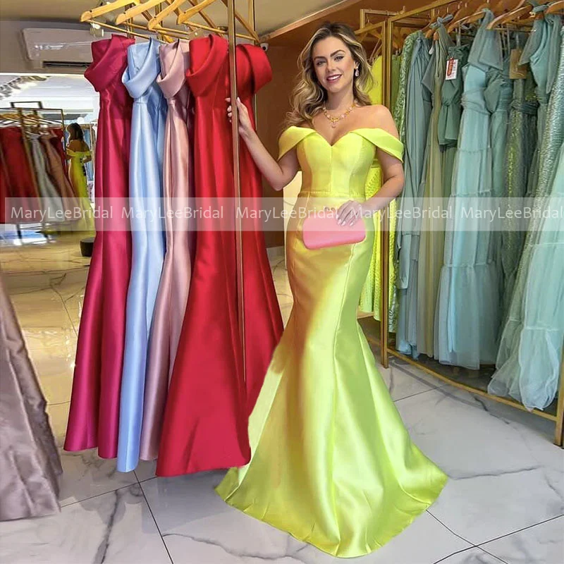 Simple Lemon Yellow Mermaid Bridesmaid Dresses Off the Shoulder Multicolor Satin Wedding Party Dress Women Reception Gowns 2022