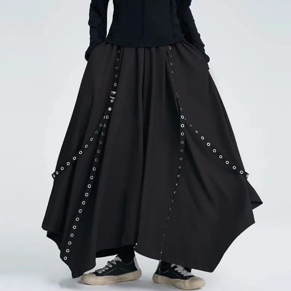 Pants Gothic Y2K Irregular Hem Patchwork Wide-Leg Skirt Pants Streetwear Belts Rivets Pleated Pants Hakama Men'S Clothing Unisex