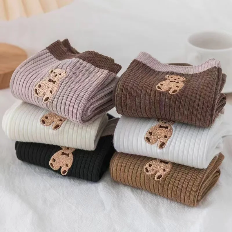 5 أزواج الكرتون الدب الجوارب جوارب قطنية ناعمة الخريف القهوة جوارب Kawaii النساء الجوارب الكورية جوارب غير رسمية النساء الجوارب