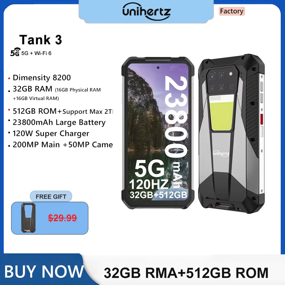 Unihertz Tank 3 8849 120W 5G Teléfono impermeable, 32GB 512GB, 23800 mAh, 6,79" FHD+ 120Hz, cámara de 200MP, CPU de dimensión 8200, Wi-Fi 6