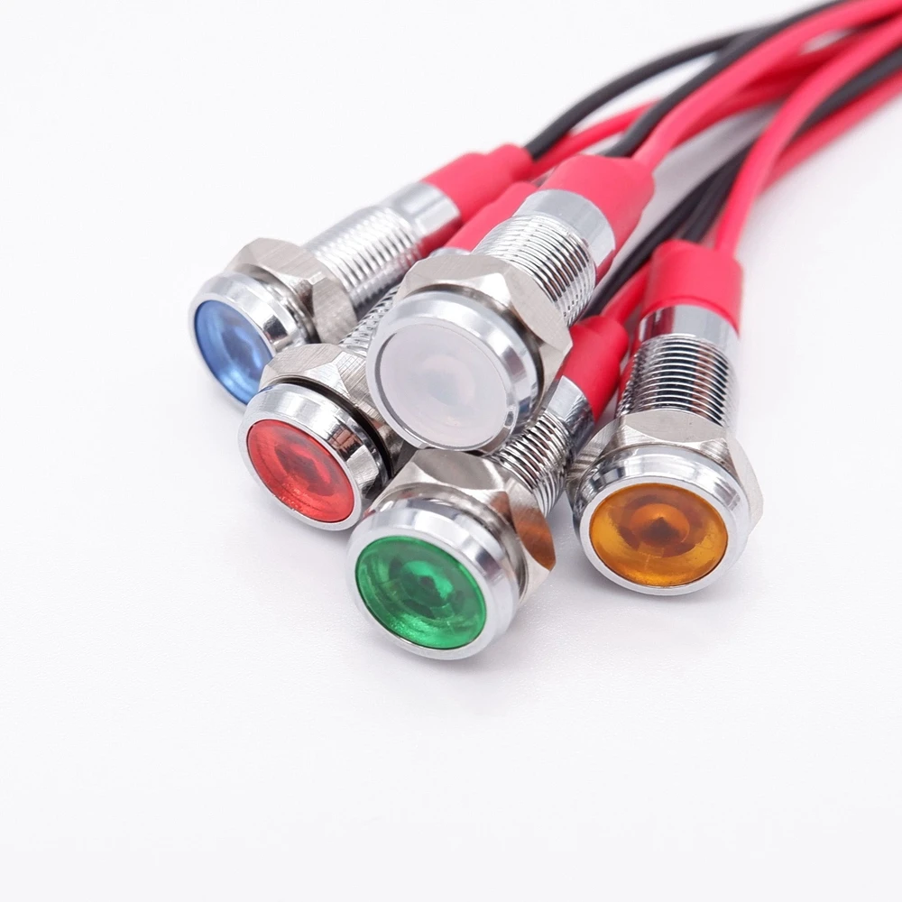 Lâmpada LED com Sinal de Advertência, Luz Indicadora de Metal, Piloto Wires Switch, Vermelho, Laranja, Azul, Verde, Branco, 6mm, 3V, 5V, 12V, 24V,