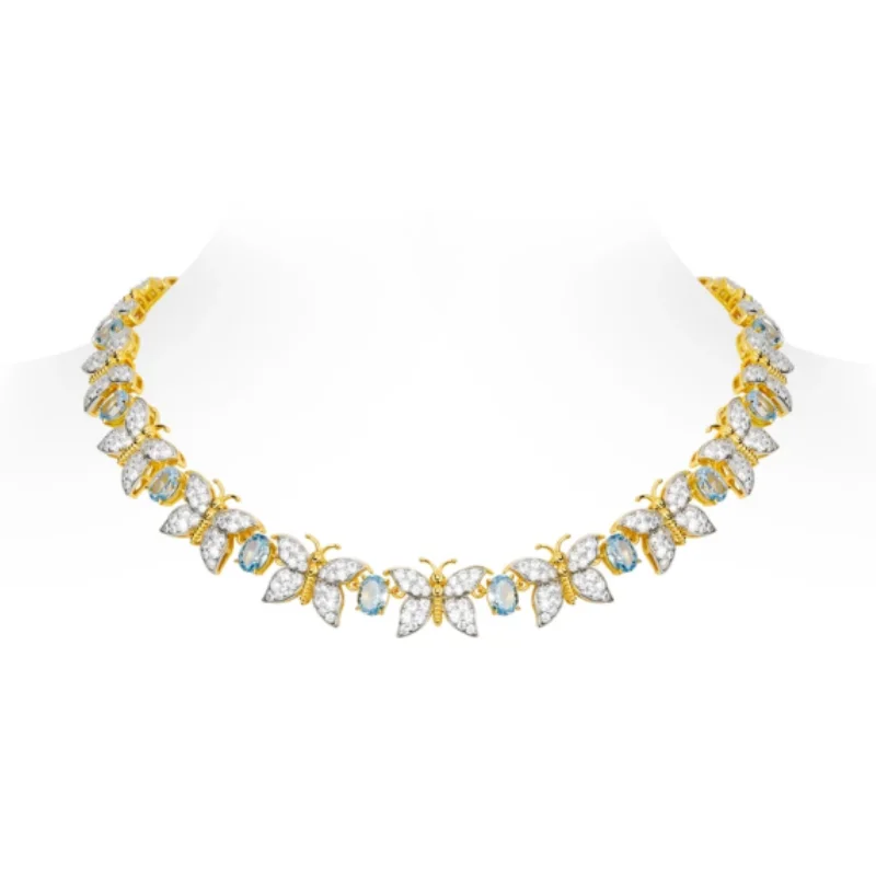 

BELLUX Luxury 925 Silver Plated K Gold Synthetic Zircon Blue White Full Diamond Butterfly Vintage Banquet Jewelry Necklace