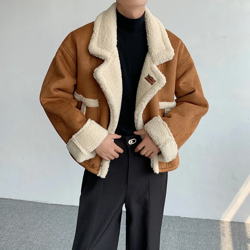 

SYUHGFA Suede Lamb Wool Thickened Men Clothing Jackets Turn-down Collar High Street Male Coats Korean Streetwear 2024 Winter