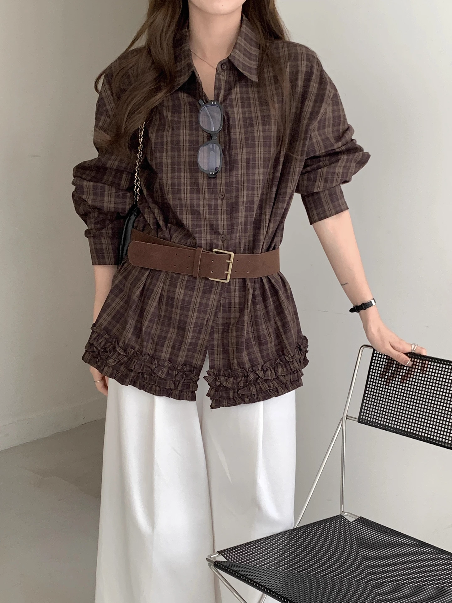 

Retro Chic Plaid Long Sve irt Stand Collar Button Splice Wood ain Decoration Korean Sle Loose Fit Cotton Bubble...