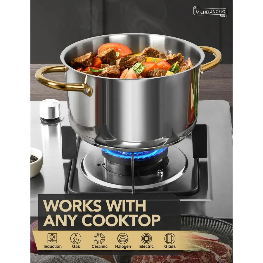 Stainless Steel Stock Pots 8 Quart Pot with Lid, Soup Pot Induction Compatible, Cooking Pots with Riveted Handle, Oven amp Dishw