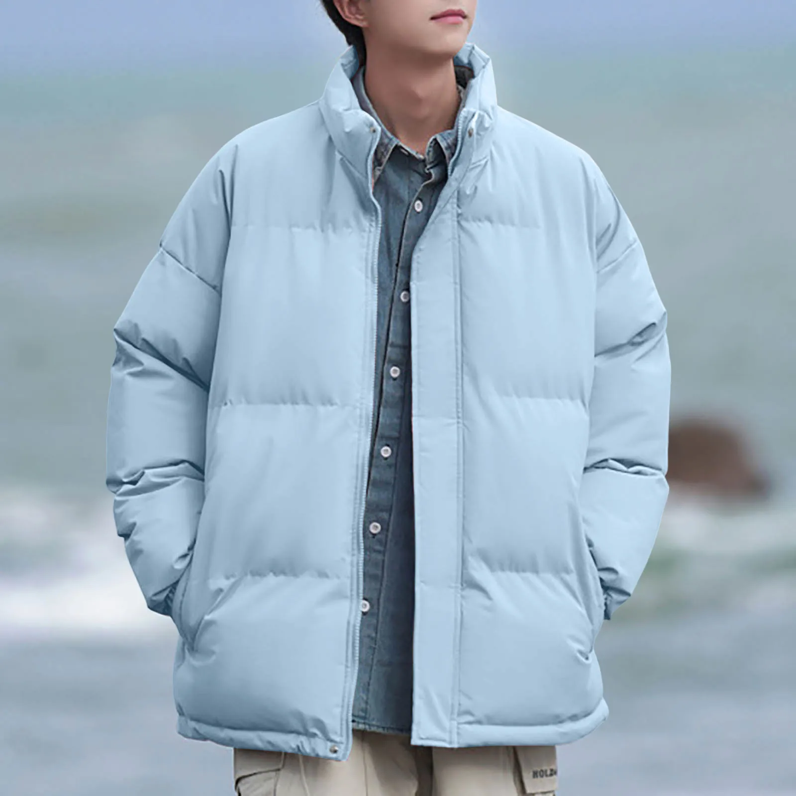 Men's Winter Solid Color Stand Up Collar Zip Up Padded Jacket Men'S Loose Oversized Warm Fashion Bread Coat With Pocket