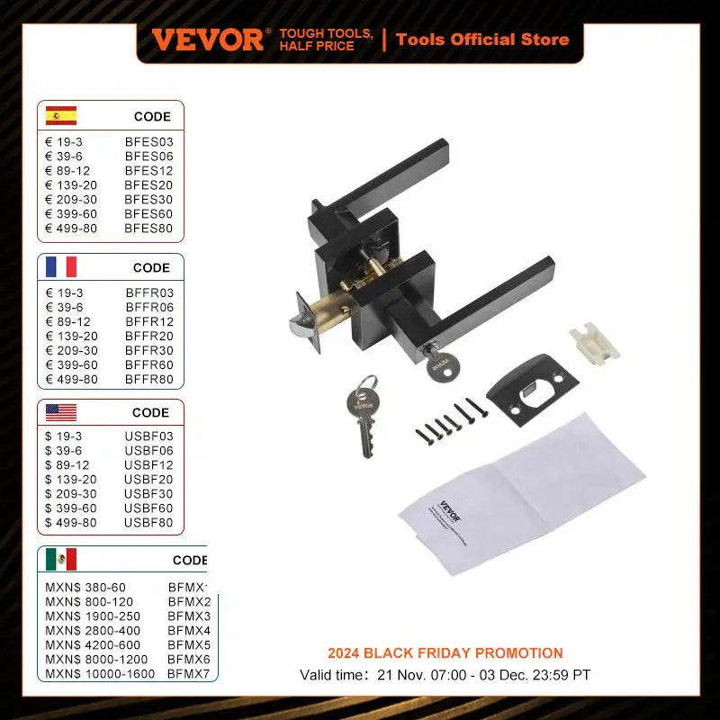 

VEVOR Entry Lever Door Handle 1/2 PCs Black Entry Knob Lock and Key Locking Lever Set Contemporary Square Door Lever Reversible