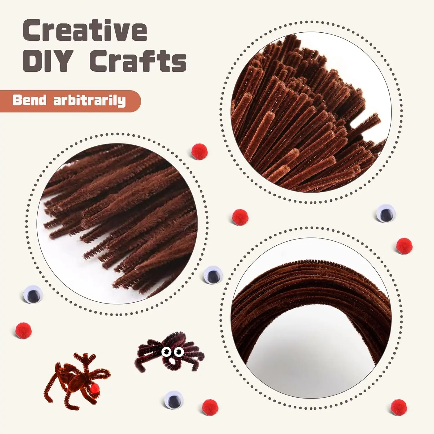 مجموعة منظفات الأنابيب البنية مكونة من 300 قطعة، بما في ذلك 100 قطعة من سيقان الشنيل البني، و100 قطعة من عيون جوجلي و100 قطعة من الكريات الحمراء