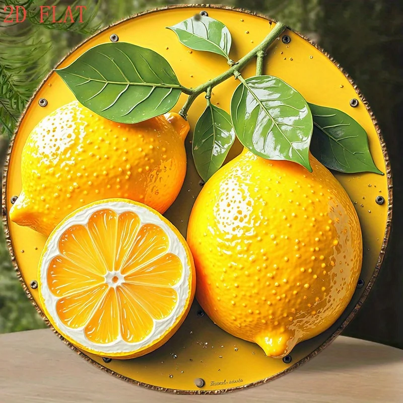 2D Vintage Metal Sign, 8 Inch Round Aluminum Wall Art, Vibrant Lemon Leaf Design, Rustic Farmhouse Style, Hanging Decor for Home