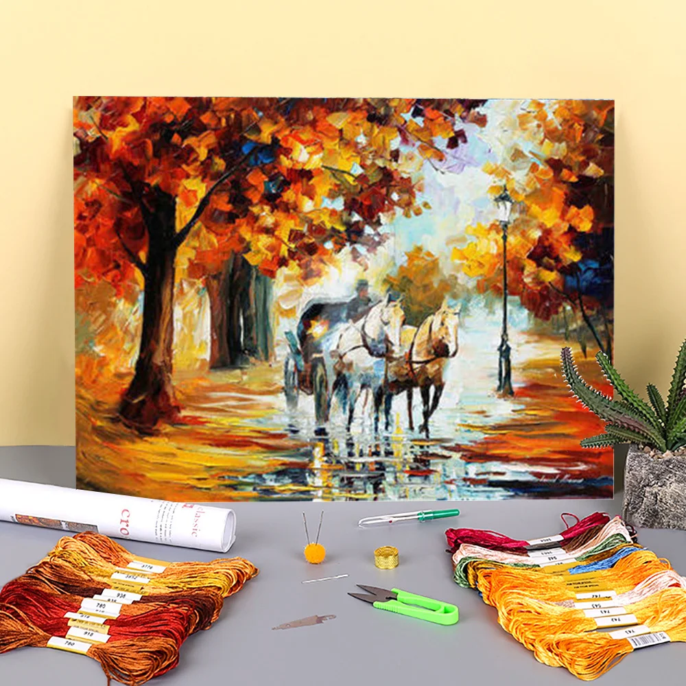 Fall Journey Pre-Printed 11CT Cross-Stitch Embroidery Full Kit DMC Threads Hobby Needlework Handiwork Handmade Magic  Needle