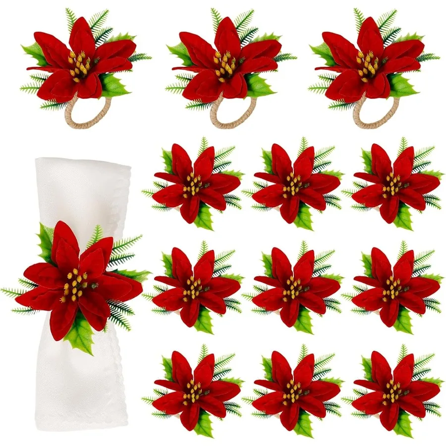 

Рождественские цветочные кольца для салфеток, набор из 12 фермерских красных, зеленых колец для салфеток, держатель с пряжкой для рождественских ужинов, свадебных праздников