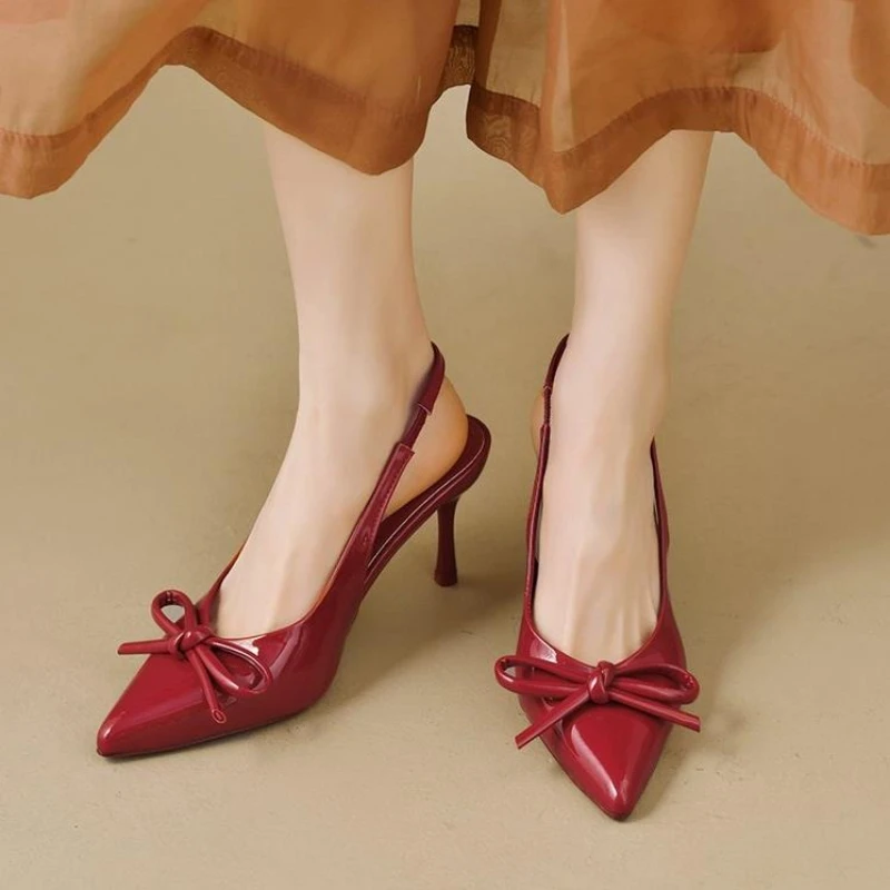 2025 nova chegada sapatos de salto alto de couro de patente feminino stiletto com bowknot festa & sapatos formais elegantes sandálias stiletto