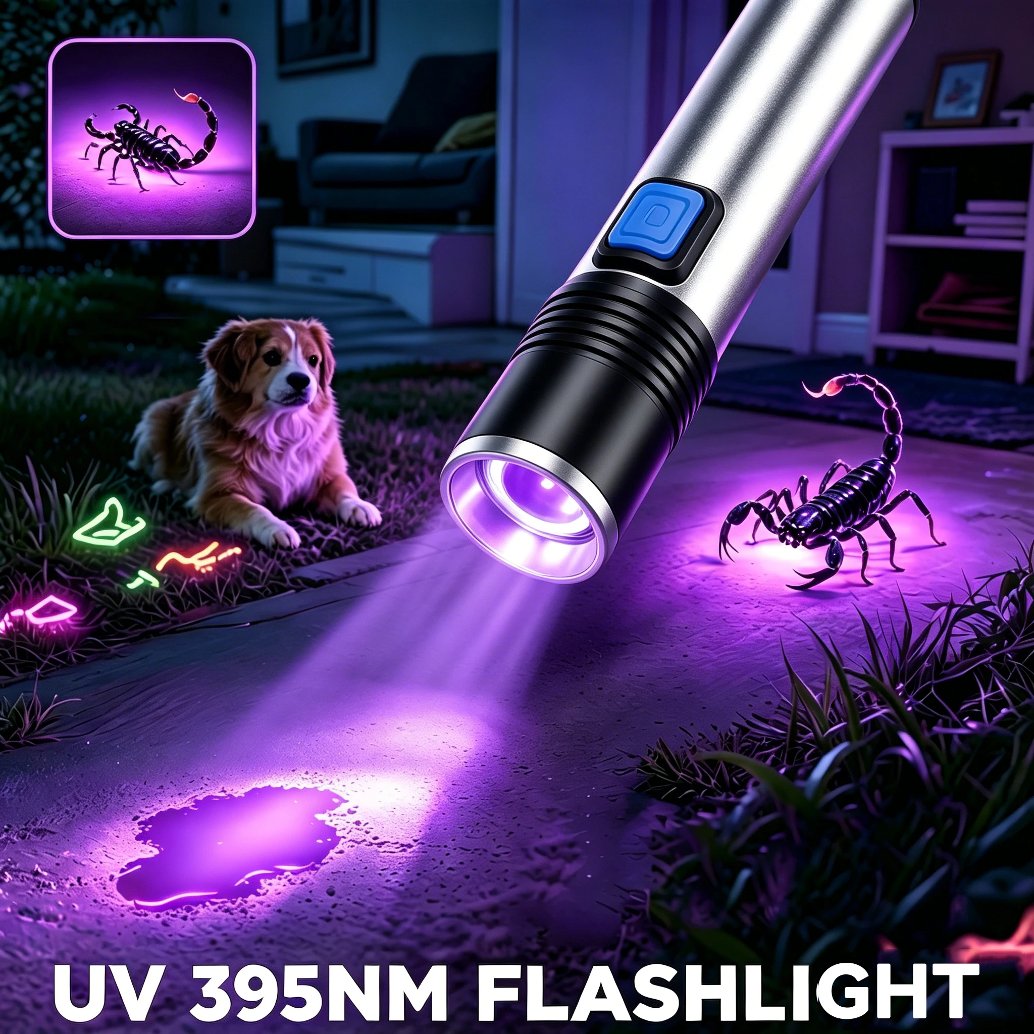 395nm UV Flashlight Zoomable Blacklight USB Rechargeable UV Light Ultraviolet Flashlight for Pet Urine Detection Curing Lighting