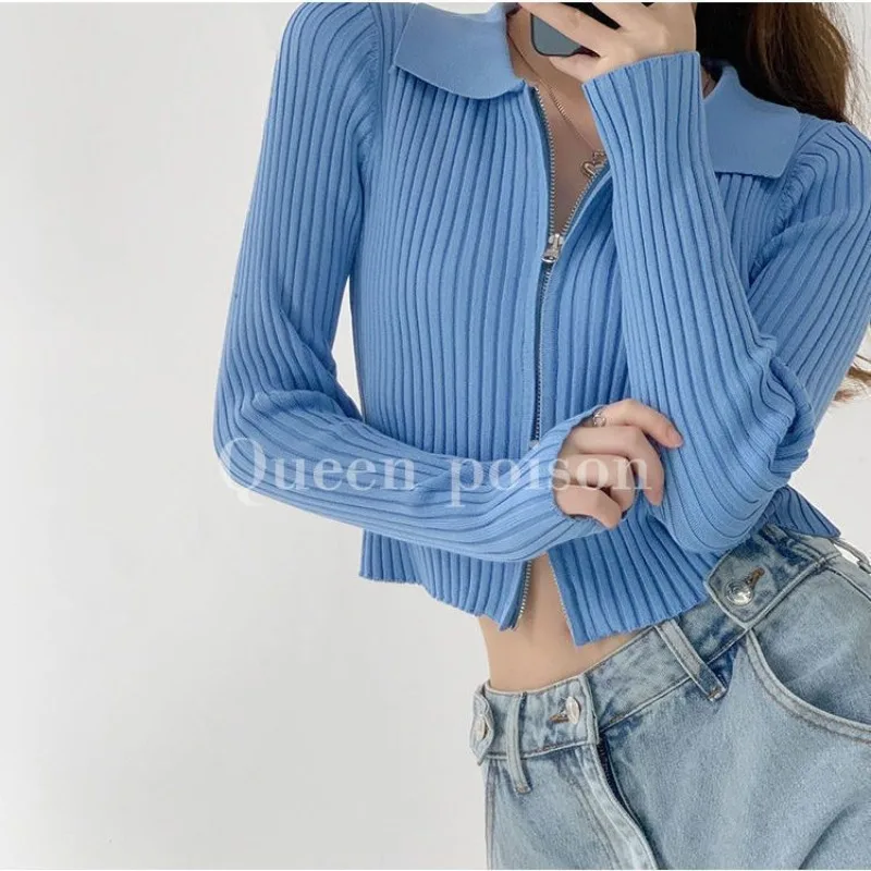 Knitted Cardigan Women Double Zippered Solid Long Sleeve Cropped Tops Casual Turn-down Collar Sexy Slim Fashion Basic Sweaters