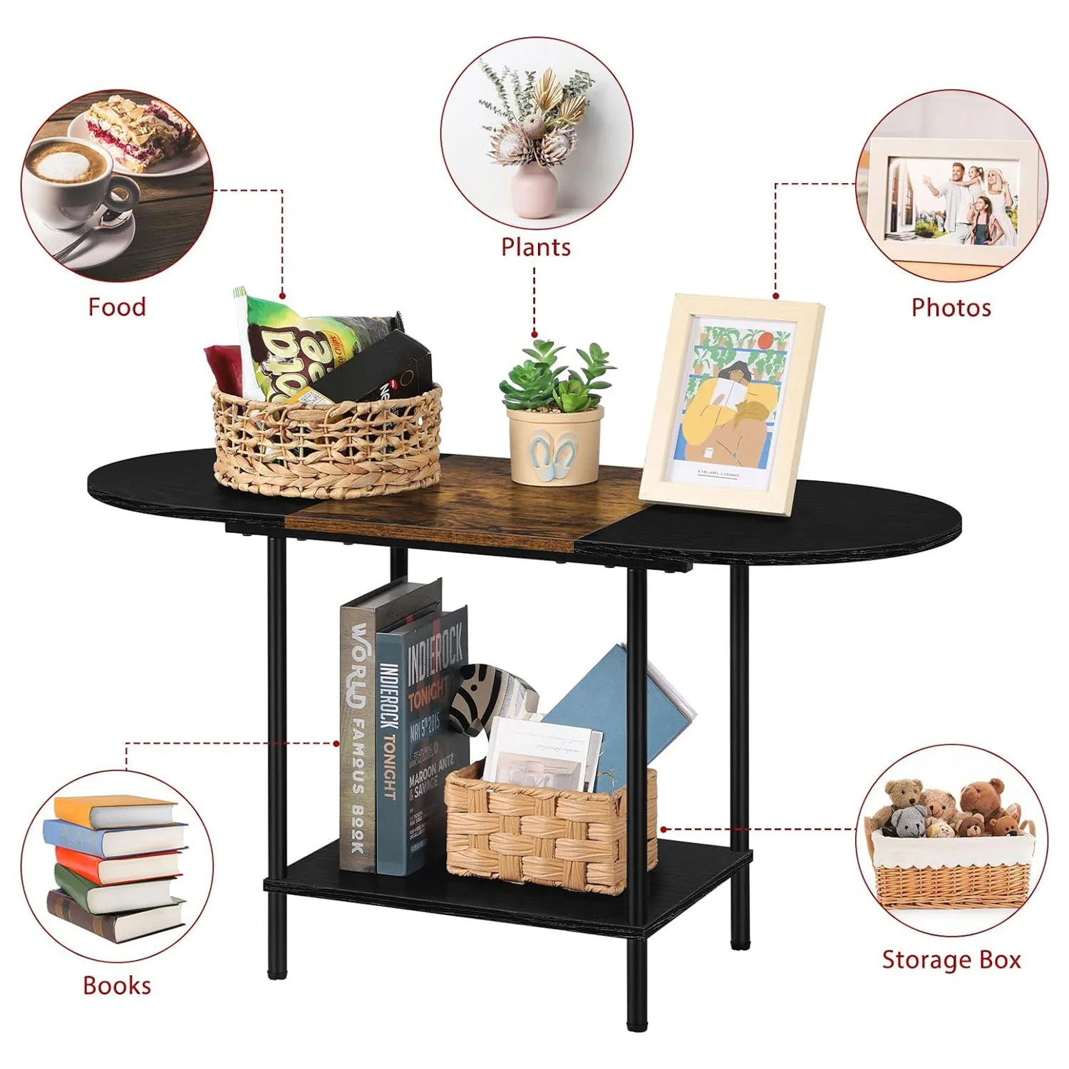 Small Black Oval Coffee Table - Center Table with Storage and Open Shelving - Round Coffee/Tea Table for Living Room, Small Spac