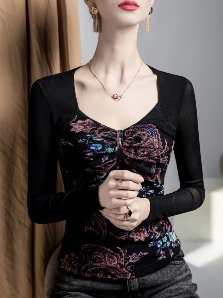 

Sexy V-Neck Long Sleeve Tops for Women Print Blouse French Basic Chic Elastic Shirt Plus Size Gothic Lace Web 2025