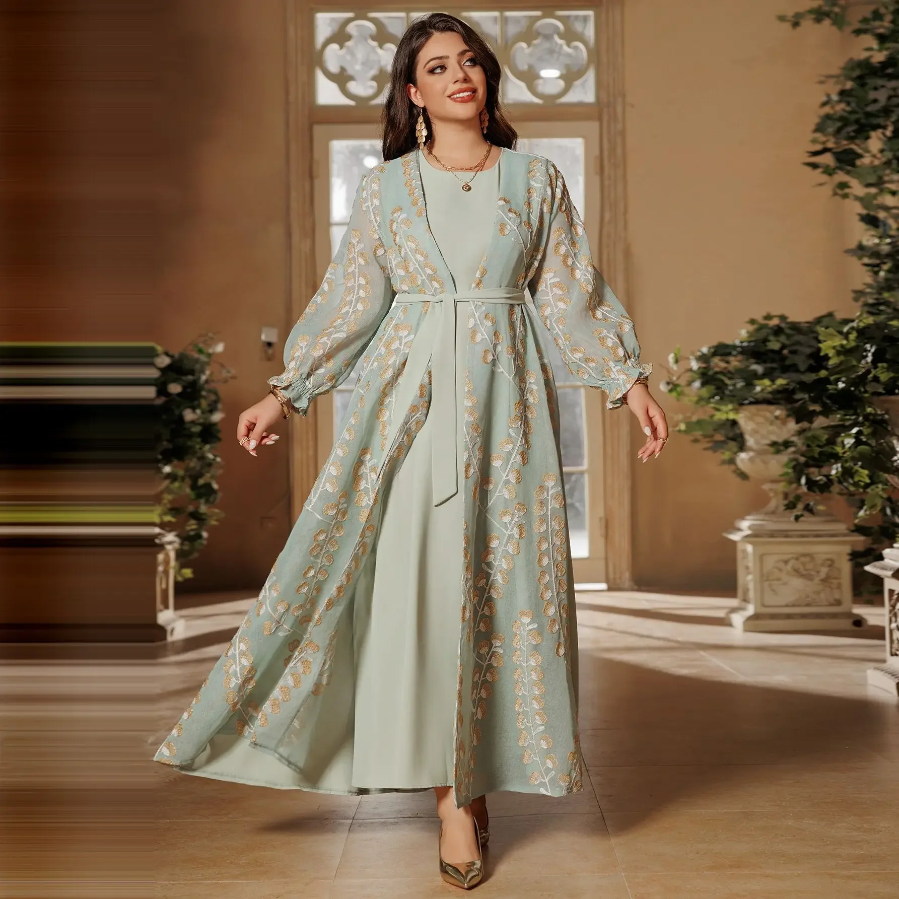 Elegant 2pcs Set Women Muslim Leaf Embroidery Open Outer Dress with Belt Sash Kimono Sleeveless Bottom Abaya Jalabiya Gown Robe