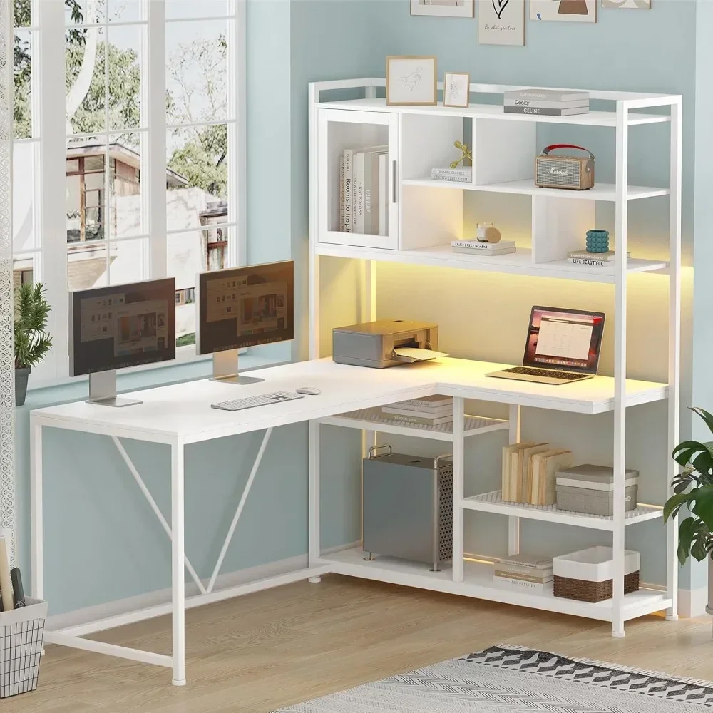 L Shaped Computer Desk, 58'' Office Desk with LED Light and Bookshelf, L Shaped Corner Desk with Storage Shelves for Home Office