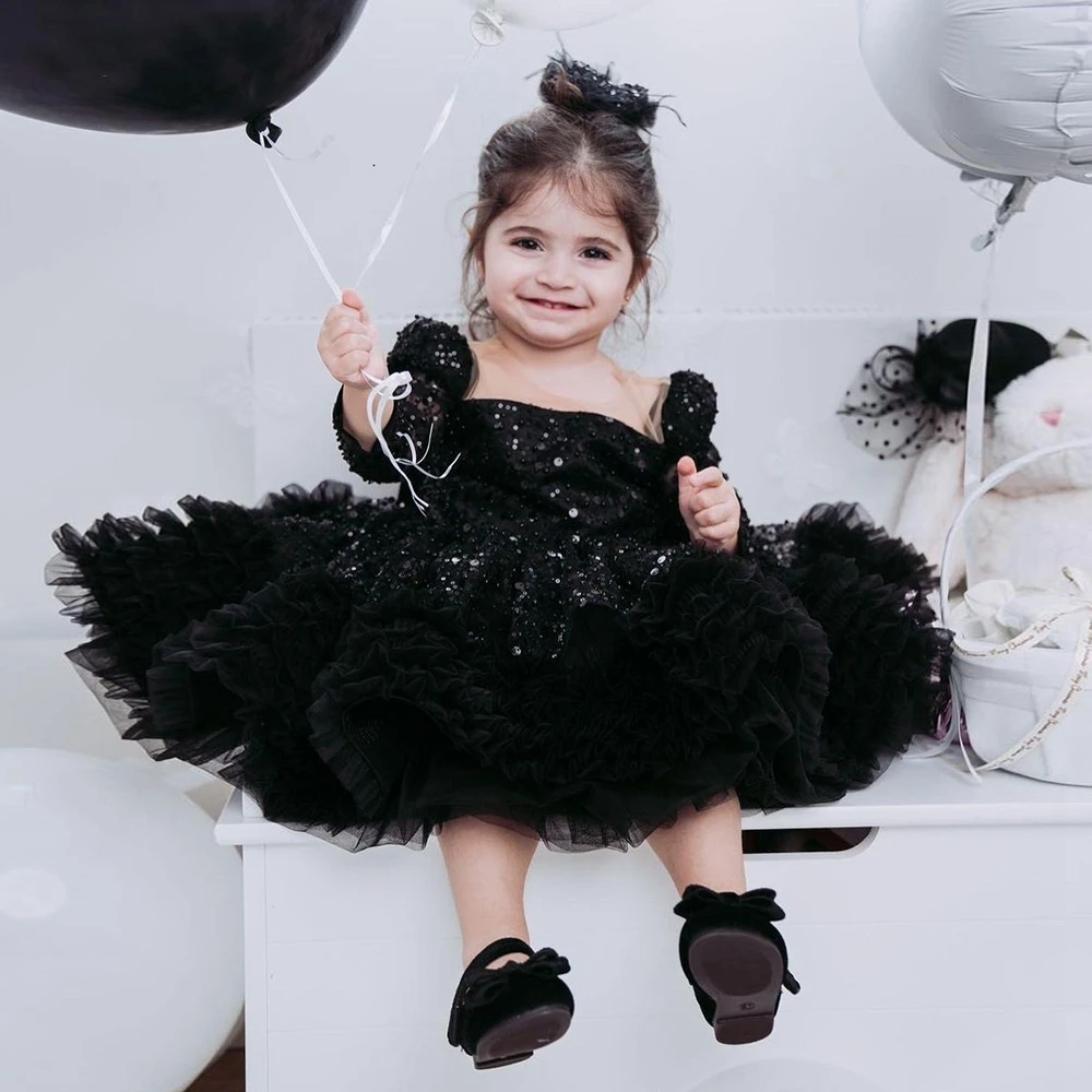 

Black Square Collar Flower Girls Dresses with Sequined Full Sleeve Soft Tulle Christmas Dresses for Princess فستان عيد الميلاد