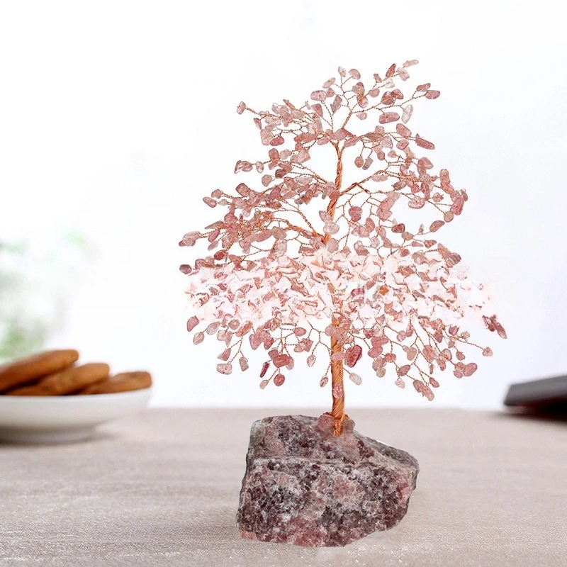 Strawberry raw ore crystal tree coffee table, hand-woven decorations, birthday gifts for girlfriends, home furnishings