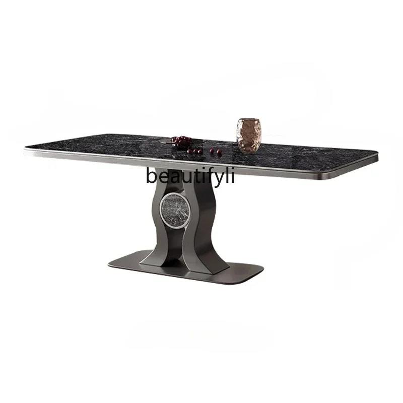 03.Dining Table Italian-Style Light Luxury Stone Plate Rectangular Household Stainless Steel Minimalist High-Grade Table and Ch