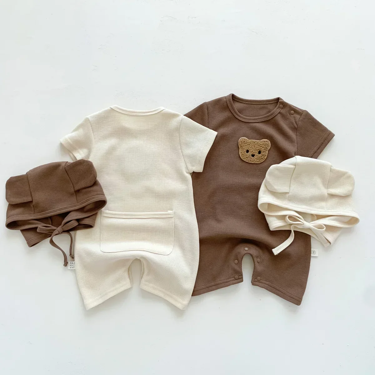 Cotton Romper Gift Hat with Ear New In Summer Kids Baby Girls Boys Short Sleeve Waffle Patch Bear Infant Newborn Jumpsuits