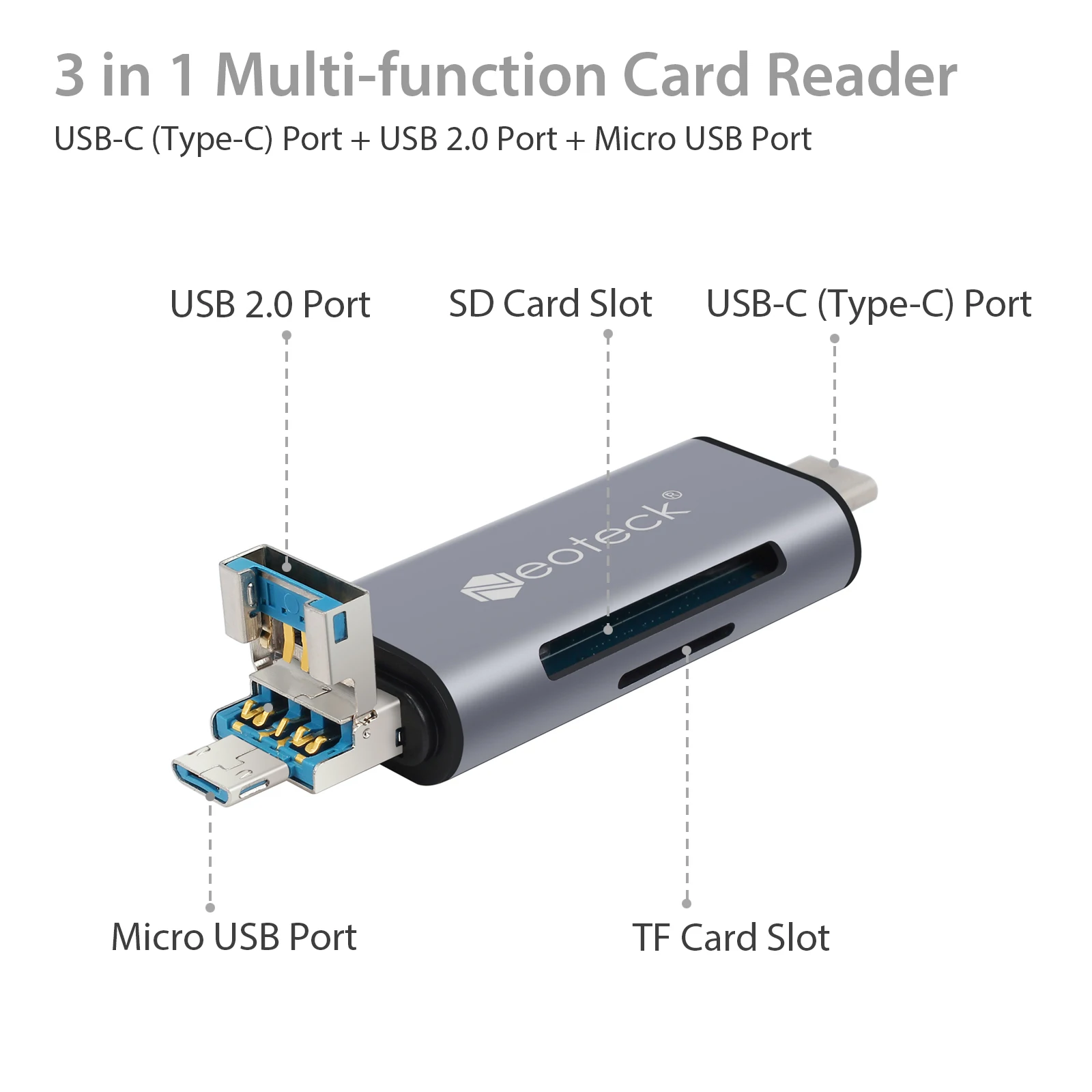 

Устройство чтения карт 3 в 1, устройство чтения карт USB-A Type-C, многофункциональная поддержка OTG, совместимое с системой Windows, телефонное устройство Micro USB