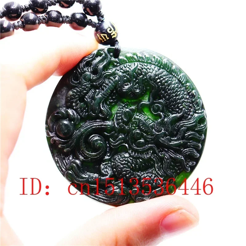 

Chinese Natural Black Green Jade Dragon Pendant Necklace Fashion Charm Hand-Carved Jewellery Carved Amulet Gifts Sweater Chain