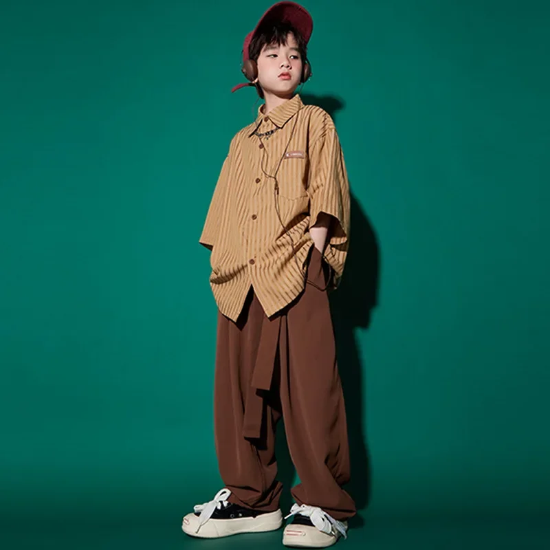 

Brown Casual Strap Wide Pants for Girl Boy Jazz Dance Costumes Clothes Kid Kpop Hip Hop Clothing Striped Short Sleeve Shirt Top