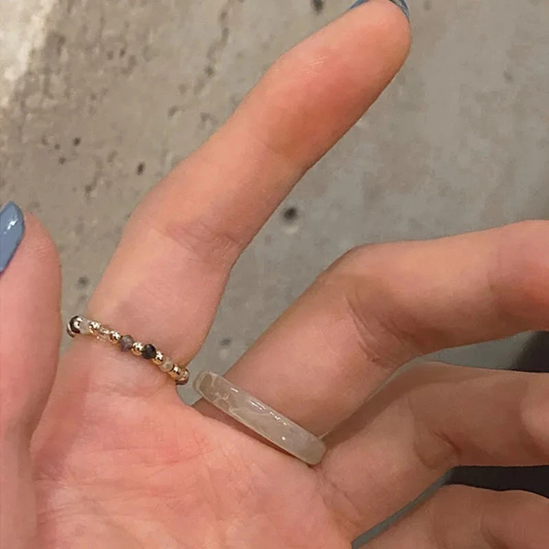 4PCS Harz Metall Unregelmäßige Geometrische Perlen Ringe Set für Frauen Retro Knuckle Joint Elastische Schmuck Mode Urlaub Party Geschenke – Detail 7