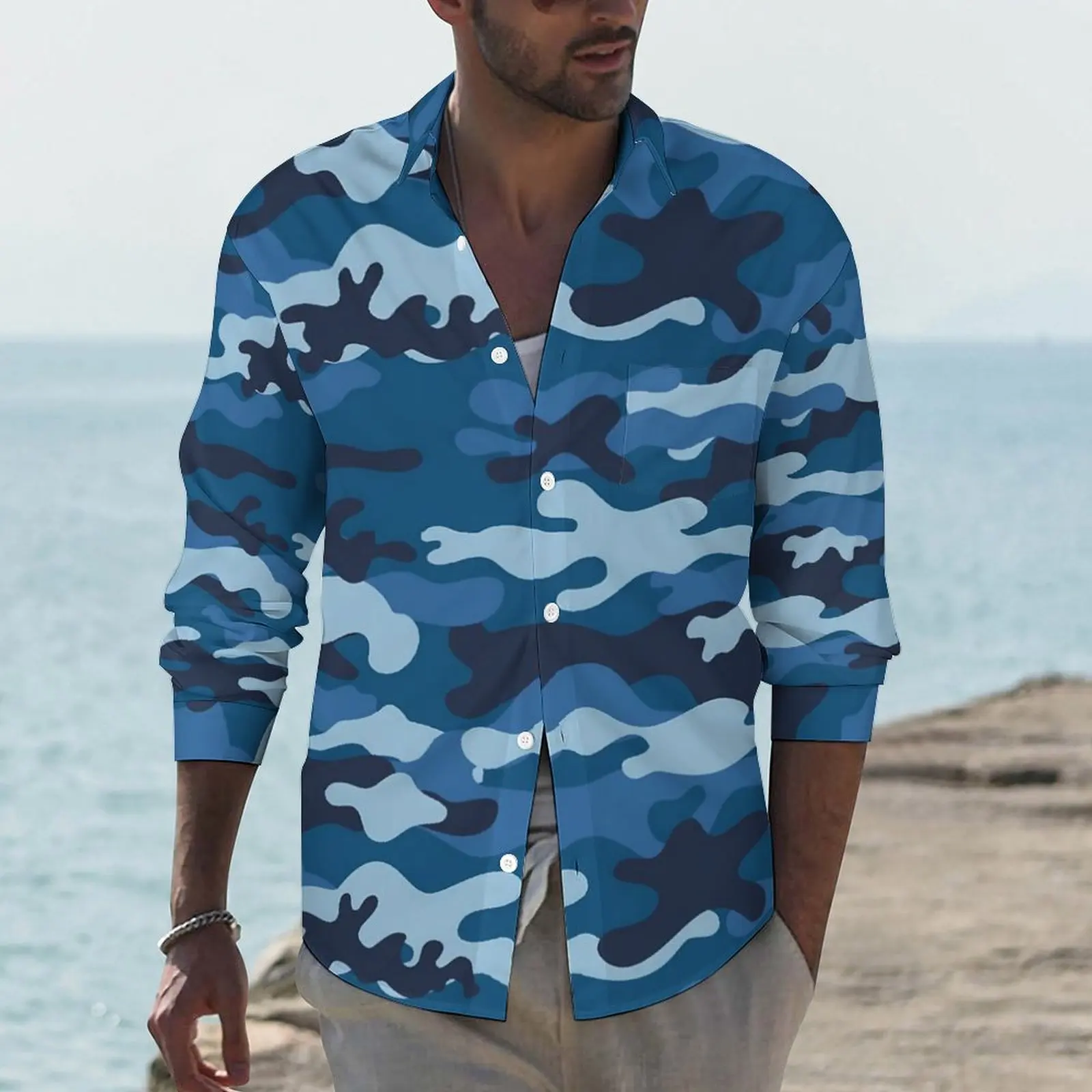 Blue Camouflage Shirt Male Army Camo Casual Shirts Spring Y2K Design Blouses Long Sleeve Novelty Oversized Tops Birthday Present